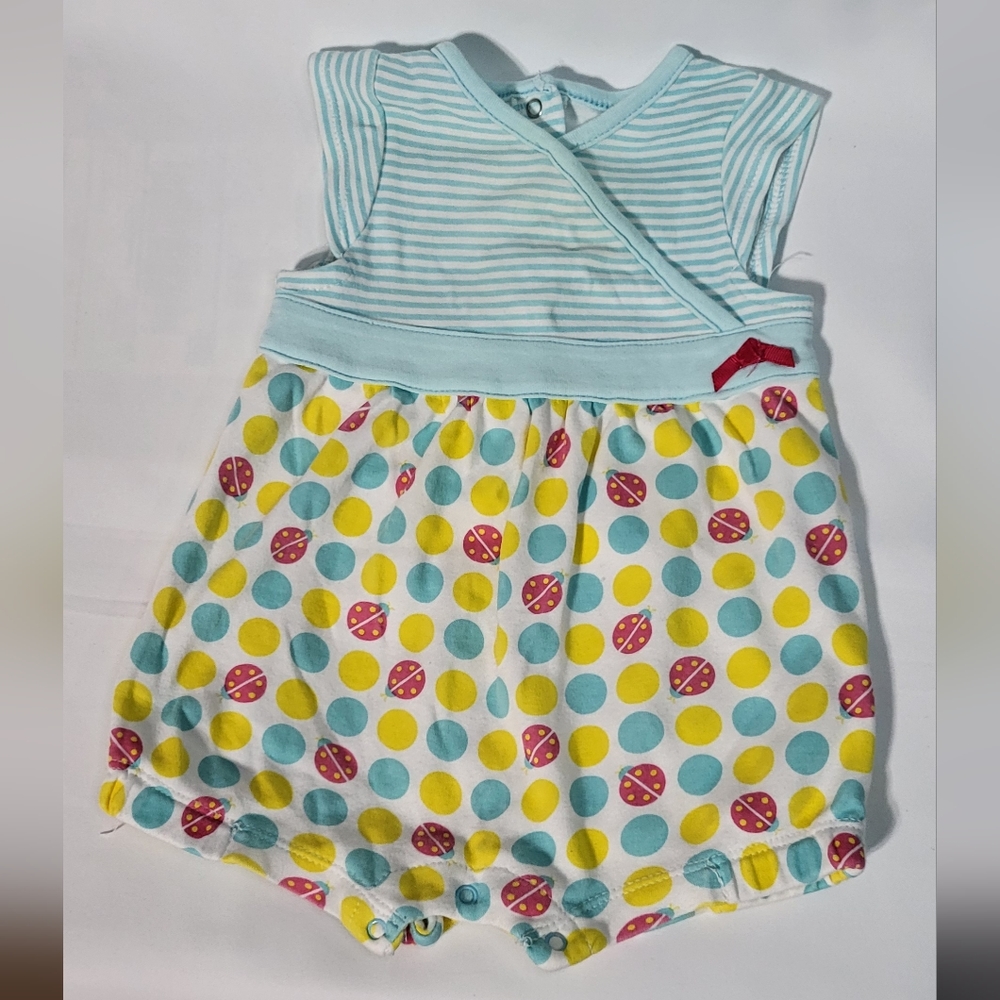 Offspring Baby Girls 6M Blue Striped Dotted Ladybug Graphic Romper